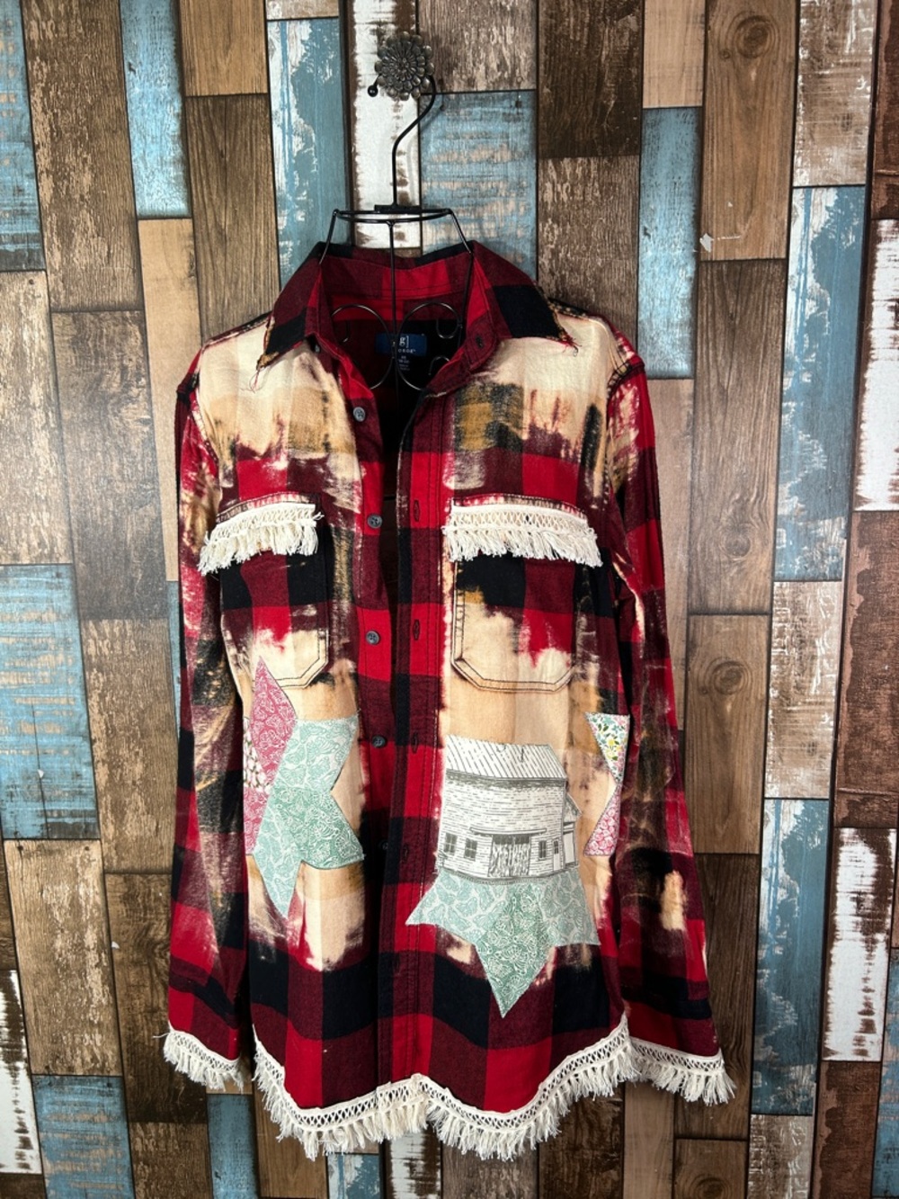George Red and Black Plaid Button-Up Shirt redone with Fringe and Patchwork